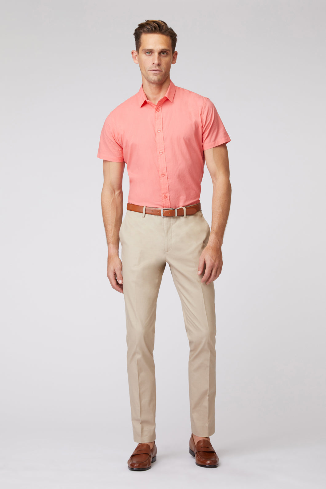 light pink shirt with khaki pants